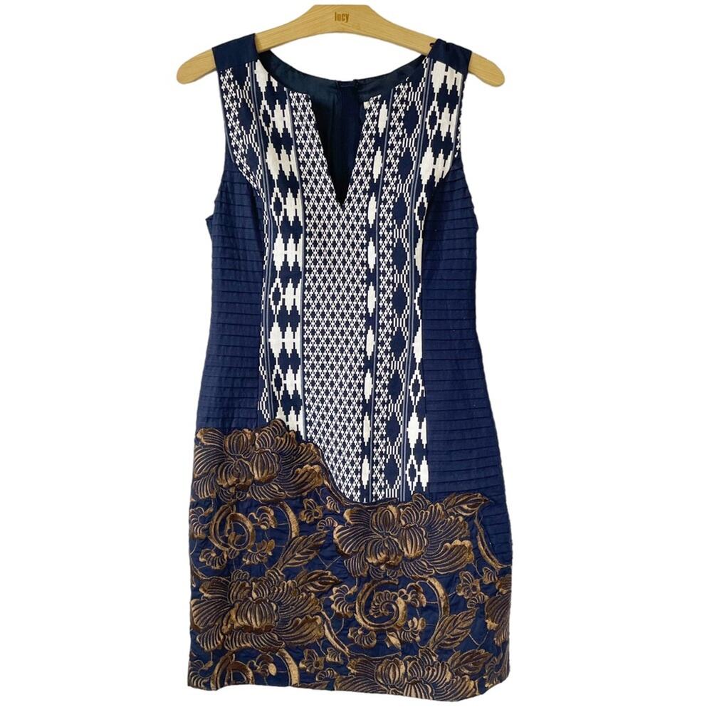 Floreat Anthropologie sz 4 Mika Dark Gold Embroidered Jacquard Navy‎ Shift Dress